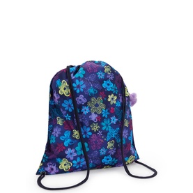 Kipling drawstring bag in Dark Flwr Stamp, purple floral print with green butterfly accents and hanging pom-pom charm, navy cords