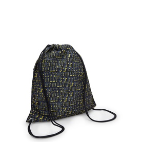 Kipling drawstring bag in Lets Play Prt, black with yellow letter print, twin cord straps, lightweight fabric construction.