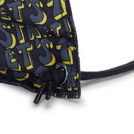 Kipling bag in Lets Play Prt print, navy and yellow all-over logo pattern, close-up of drawstring cord toggle detail.