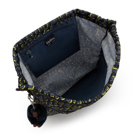 Kipling bag in Lets Play Prt print, open to reveal navy interior with yellow pattern lining and monkey keyring charm.