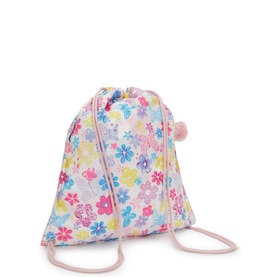 Kipling drawstring bag in Flower Stamp print, white base with multicolour floral design, pink rope drawstrings and pom-pom detail.