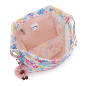 Kipling bag in Flower Stamp floral print, open top view showing pink interior lining, gold zip pocket and monkey keyring charm.