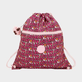 Kipling drawstring backpack in U R Great Prt pink graphic print with signature monkey keyring charm and pale pink drawstring cords.