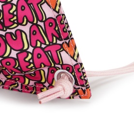 Kipling drawstring bag in U R Great Prt, pink graffiti-style YOU ARE GREAT print with orange accents and pink toggle cord closure.