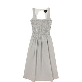Whistles white sleeveless midi dress with smocked bodice, open back, and full gathered skirt