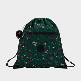 Kipling drawstring backpack in Soccer Prt green with all-over football print, black cord straps and signature monkey keyring charm.