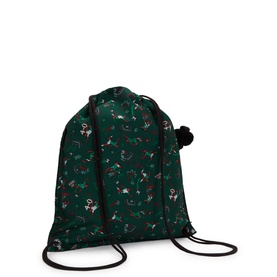 Kipling drawstring bag in Soccer Prt print, dark green with illustrated motifs and black cord straps, small monkey keyring charm