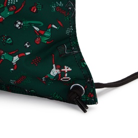 Kipling drawstring bag in Soccer Prt print, dark green with illustrated football players, black drawcord closure