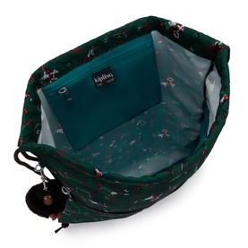 Kipling bag in Soccer Prt print, open top view revealing teal interior lining with small monkey keyring charm attached.