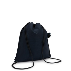 Navy blue drawstring backpack with black cord straps and small monkey keychain charm, shown at an angle