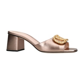 Valentino beige metallic leather mule with block heel and gold VLogo crystal embellishment