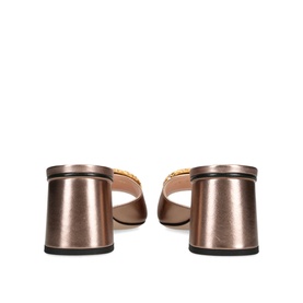 Valentino beige block heel mule sandals, rear view showing cylindrical heel with dark rubber sole and single wide strap.