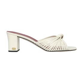 Valentino white leather knotted strap block heel mule with gold VLogo branding and pink insole