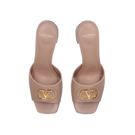 Valentino beige leather mule heels with gold VLogo signature hardware, square toe, viewed from above