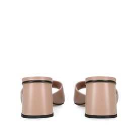 Valentino beige leather mule heels, rear view, block heel with black sole and single wide strap