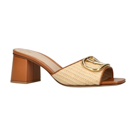 Natural raffia and tan leather block heel mule with gold VLogo buckle detail, open toe, and square heel