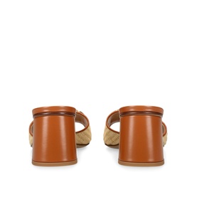 Tan leather mule sandals, rear view, block heel, woven upper strap detail and smooth ankle strap with contrast edge trim.
