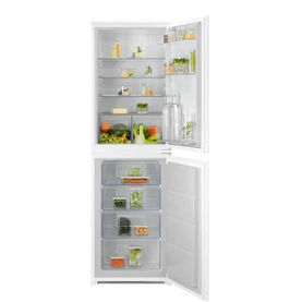 White integrated fridge freezer with open doors, showing multiple shelves, salad drawer, and four freezer compartments filled with food items.