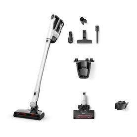 Miele Triflex HX3 Vacuum Cleaner in white, shown with multiple attachments including brush heads and docking station