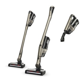 Cordless stick vacuum cleaner in bronze-grey, shown in three configurations: upright, handheld, and with floor attachment