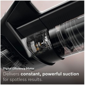 Close-up of a vacuum cleaner's Digital Efficiency Motor, highlighting internal components with motion graphics indicating powerful suction