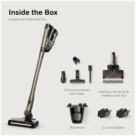 Miele Triflex HX3 Plus cordless vacuum cleaner with accessories: 3-piece set, MultiFloor XXL brush, wall mount, and 2 Li-Ion batteries