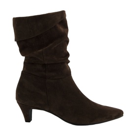 Paul Green brown suede mid-calf boot with ruched shaft, pointed toe, and kitten heel, no model