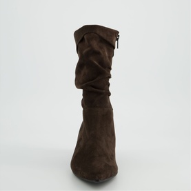 Paul Green brown suede ruched ankle boot with stiletto heel and side zip, front view