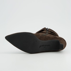 Paul Green brown suede ankle boot, sole and pointed toe detail visible, black rubber outsole with brand stamp