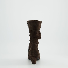 Paul Green brown suede mid-calf boot, rear view showing ruched detail, block heel and side zip fastening