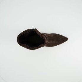 Paul Green brown suede pointed-toe ankle boot with side zip, viewed from above showing inner shaft