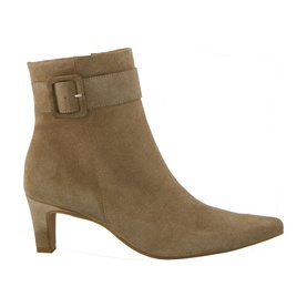 Paul Green beige suede ankle boot with buckle strap detail, pointed toe, and mid block heel