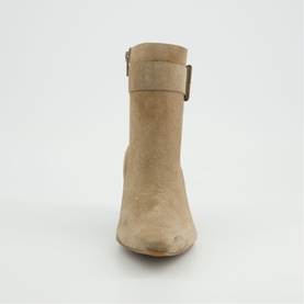 Paul Green beige suede ankle boot, front view showing block heel, ankle strap with buckle detail and side zip fastening
