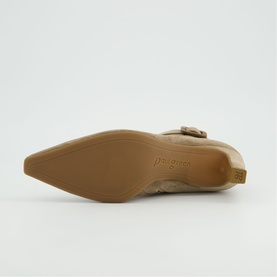 Paul Green beige pointed-toe shoe sole view, showing tan rubber outsole with brand stamp and slim heel