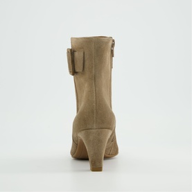 Paul Green beige suede ankle boot, rear view showing block heel and side zip fastening