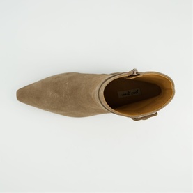 Paul Green beige suede ankle boot, overhead view showing pointed toe, buckle detail and tan leather lining.