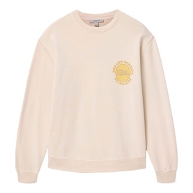 All Saints birch white crew neck sweatshirt with yellow circular graphic logo on left chest, ribbed cuffs and hem