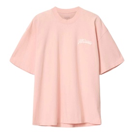 All Saints blushed pink oversized T-shirt with white script logo embroidery on chest, short sleeves, drop shoulders