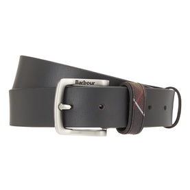 Barbour black leather belt with silver-tone buckle and tartan trim detail at keeper loop