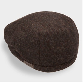 Barbour brown wool-blend flat cap with structured brim and small leather tab detail at side