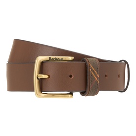 Barbour leather belt in brown with gold-tone buckle and contrast stitching detail