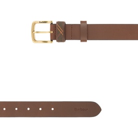 Barbour brown leather belt with gold-tone square buckle and embossed logo detail, punched holes along tail end.