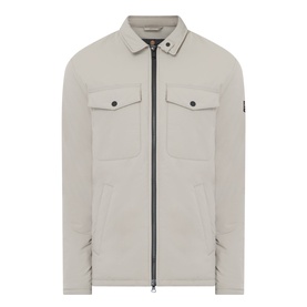Barbour International casual jacket in concrete grey, full-length zip, dual chest flap pockets, sleeve badge detail