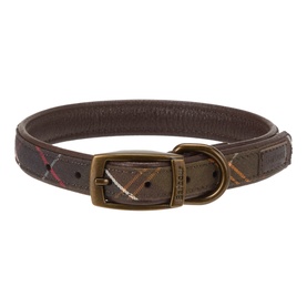 Barbour Tartan Logo Badge Dog Collar in classic tartan with aged brass effect buckle and engraved logo badge