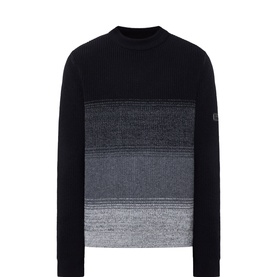 Barbour International black crew neck knit with ombre stripe detail from black to grey, small arm badge, wool-cotton blend
