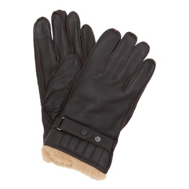 Barbour brown leather gloves with strap and button detail, quilted cuff, and shearling lining trim