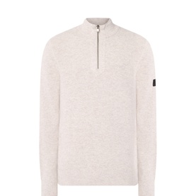 Barbour International beige wool-cotton half-zip knit jumper with stand collar and sleeve badge detail