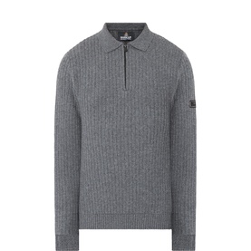 Barbour International grey wool-cotton ribbed half-zip knit polo with spread collar and sleeve badge detail