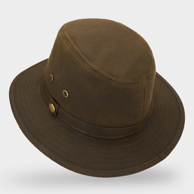 Barbour olive cotton hat with wide brim, gold eyelets and snap button detail on band
