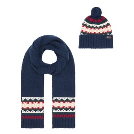 Barbour navy Fair Isle knit hat and scarf gift set with red, cream and green pattern detail and pom-pom